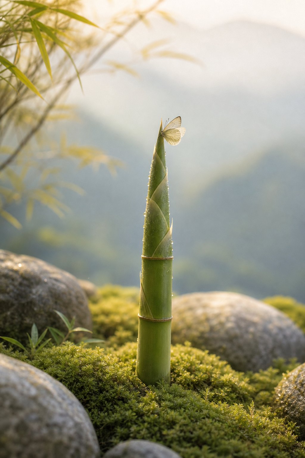 A young bamboo shoot with a pale butterfly