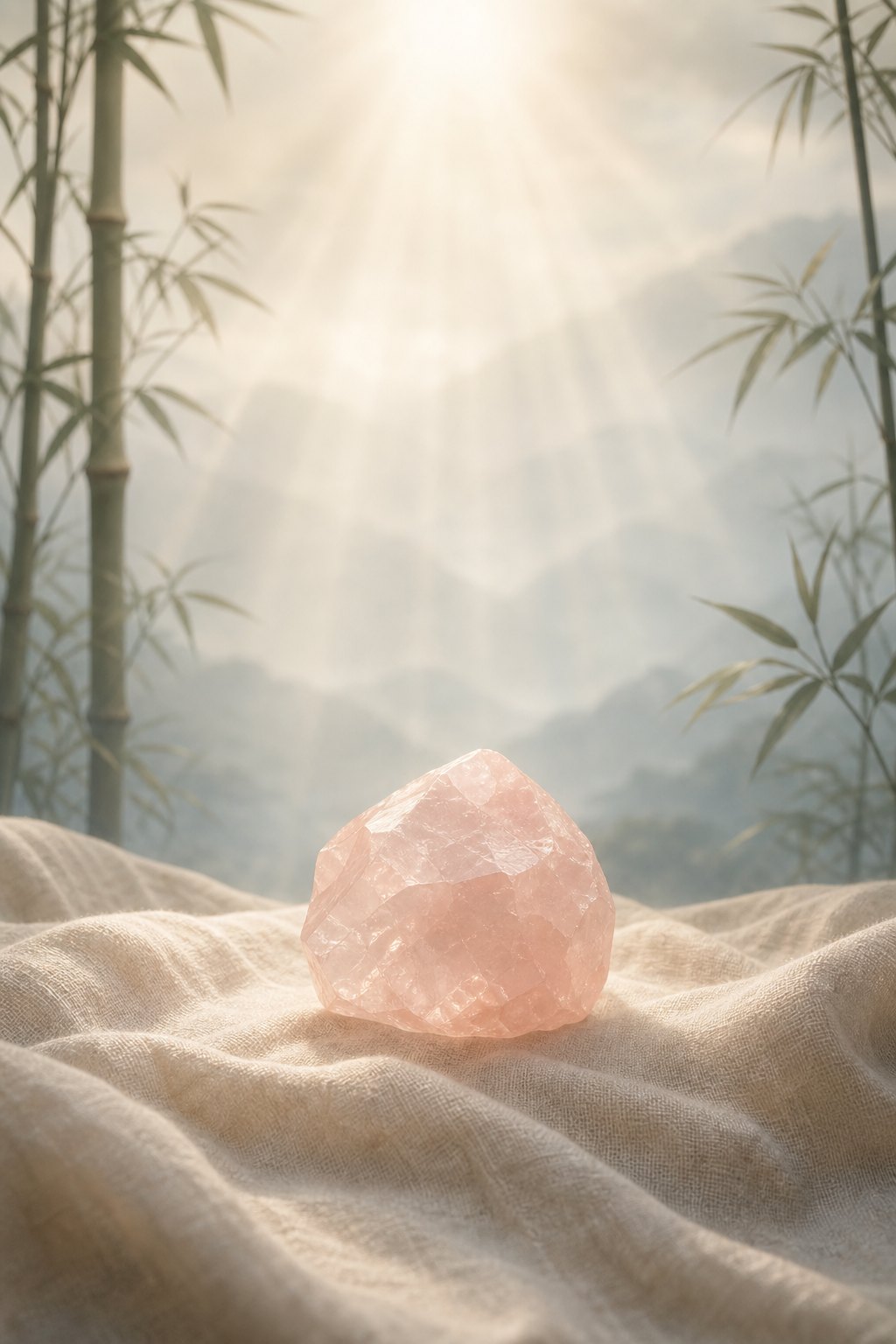 Rose quartz resting on linen beneath soft golden light