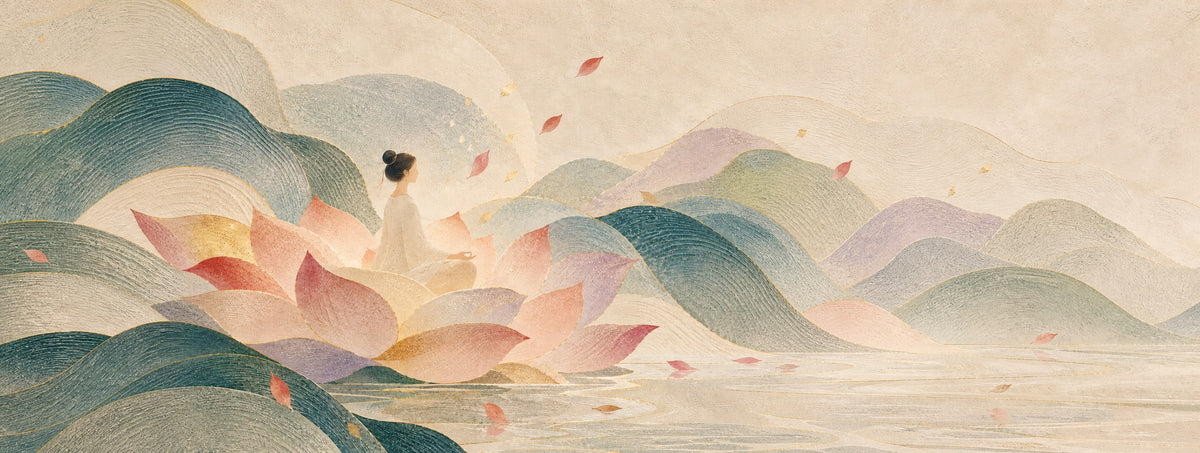 A woman meditating on a golden pink lotus among soft rolling hills and calm water