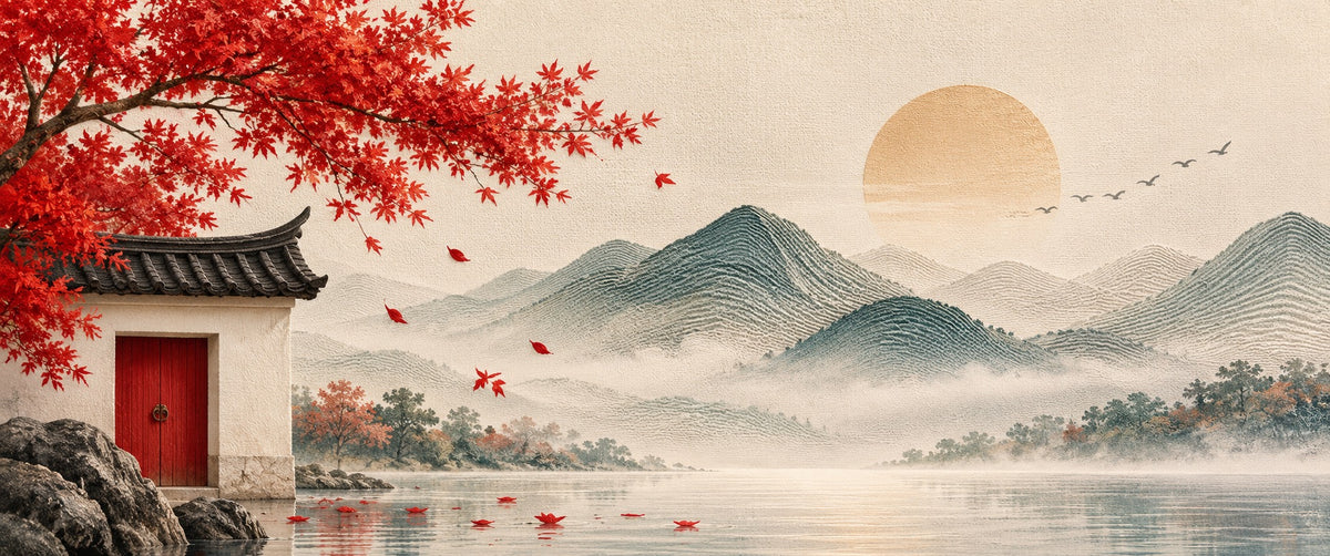 Red maple, lakeside gate and misty mountains