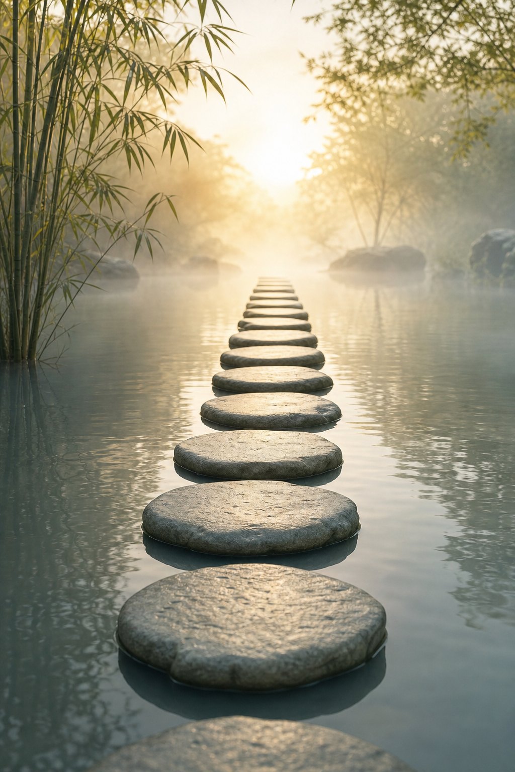 Stepping stones across a misty pond at dawn