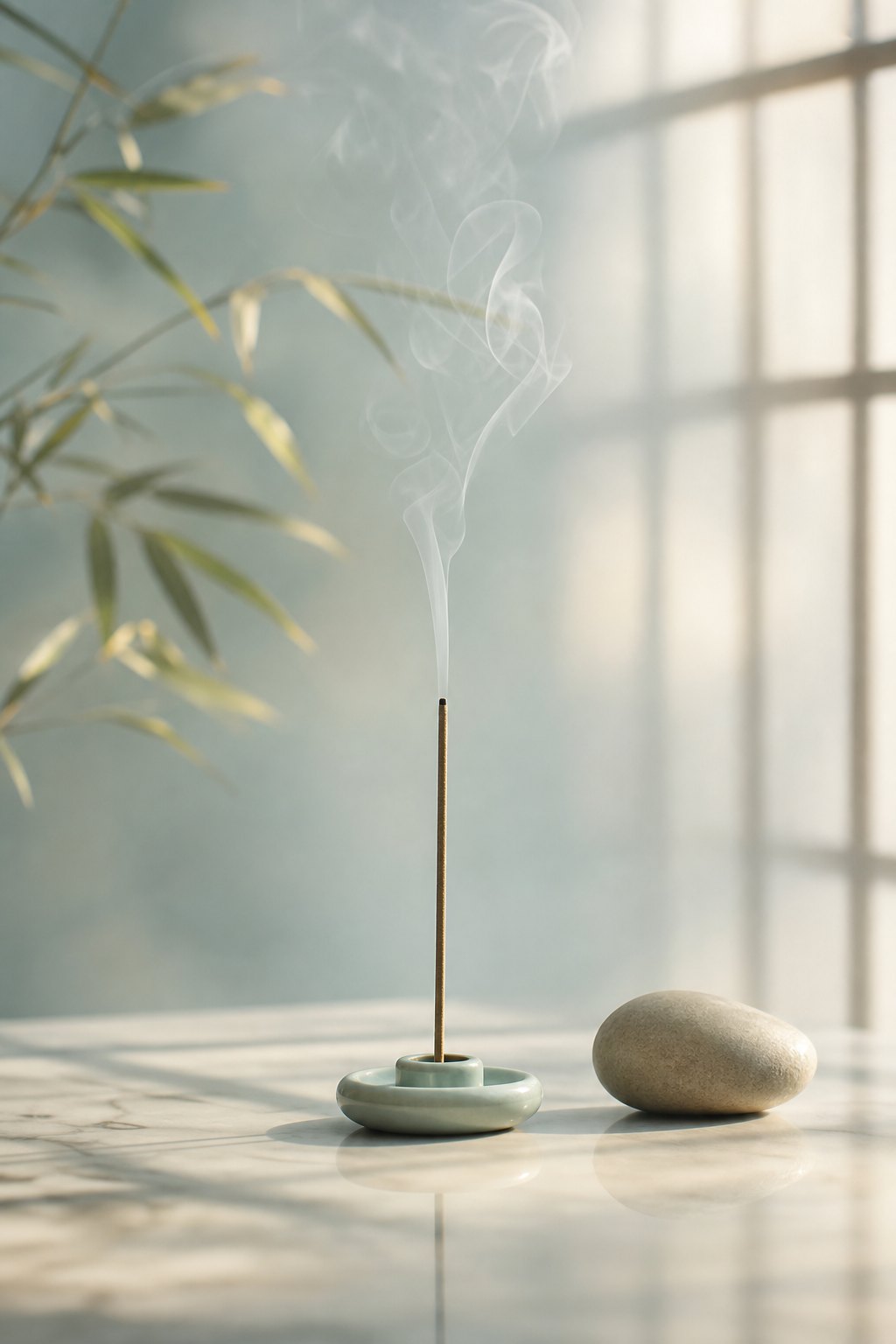 Incense smoke rising in soft window light