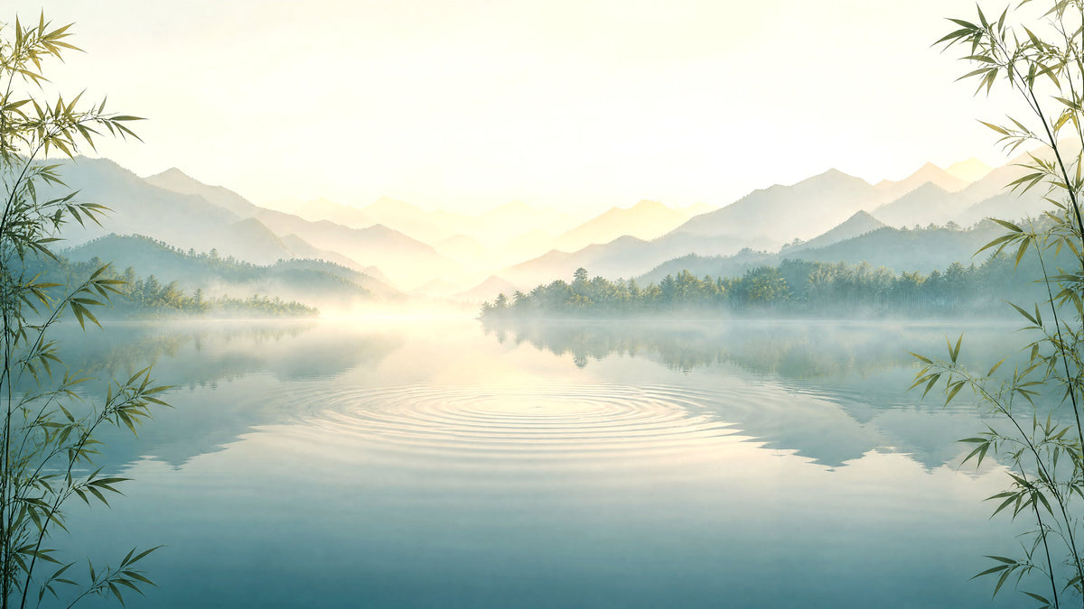 Misty lake at dawn beneath layered mountains