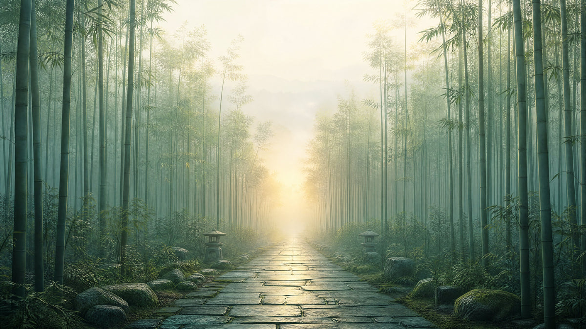 Stone path through a misty bamboo grove toward soft light