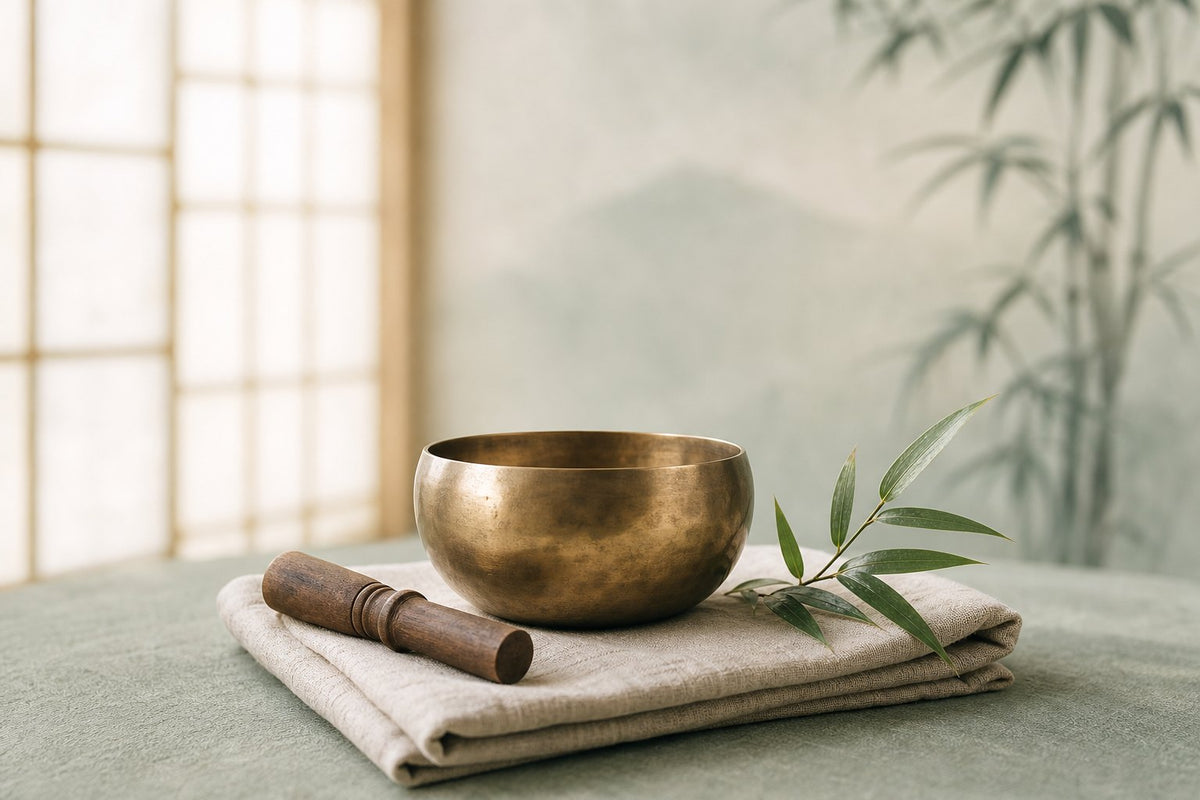 A singing bowl resting on folded linen